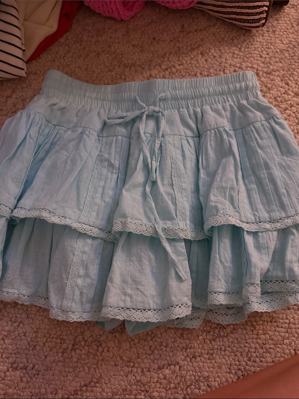 Light Blue Tiered Lace-Trim Mini Skirt - Women
